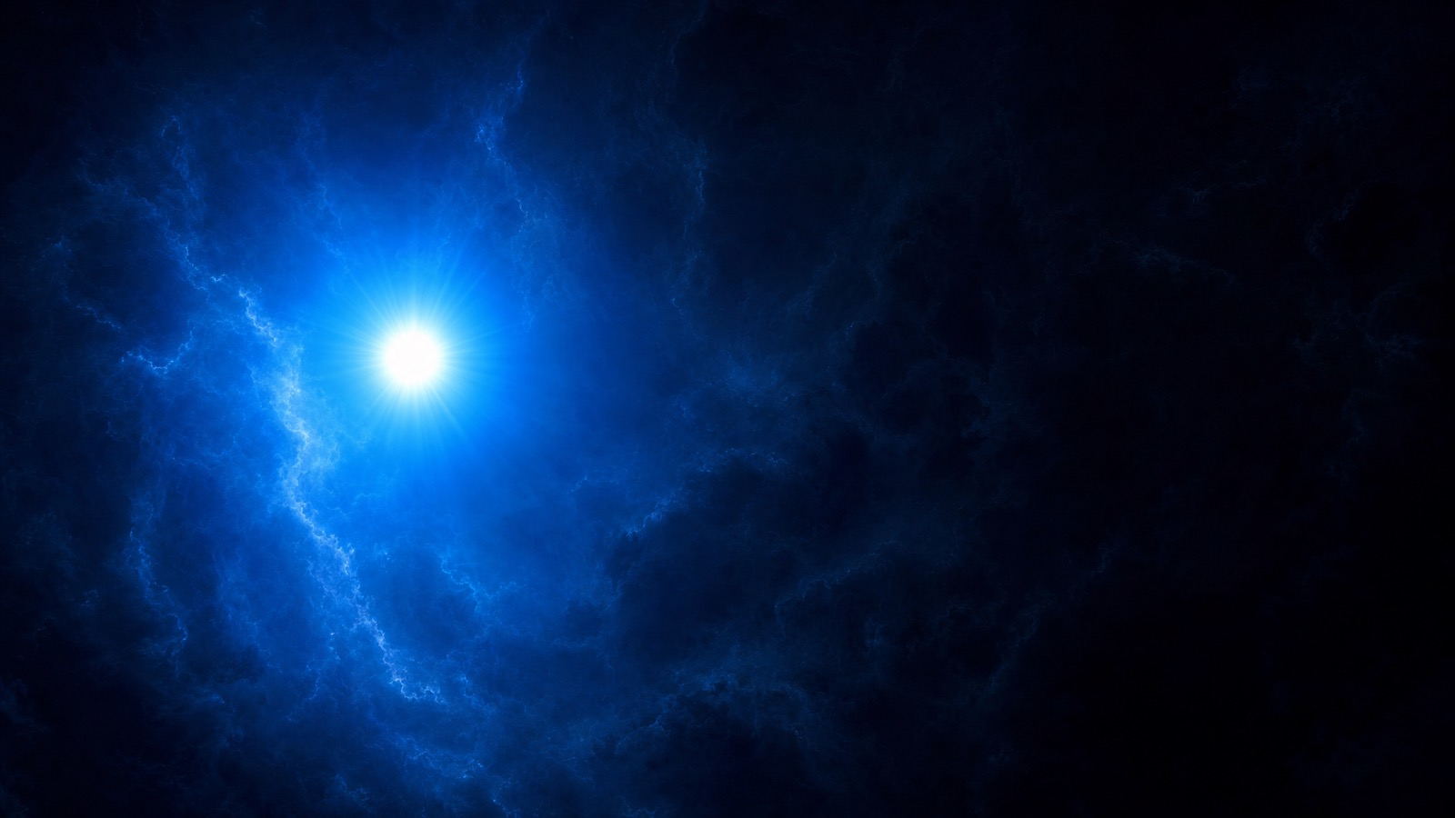 A radiant blue beacon glowing in deep space — Syntic, the independent AI company.